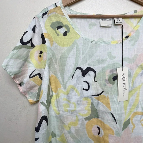 Rachel Zoe Womens 1X Linen Non Stretch Short Sleeve Floral Blouse - Picture 3 of 11